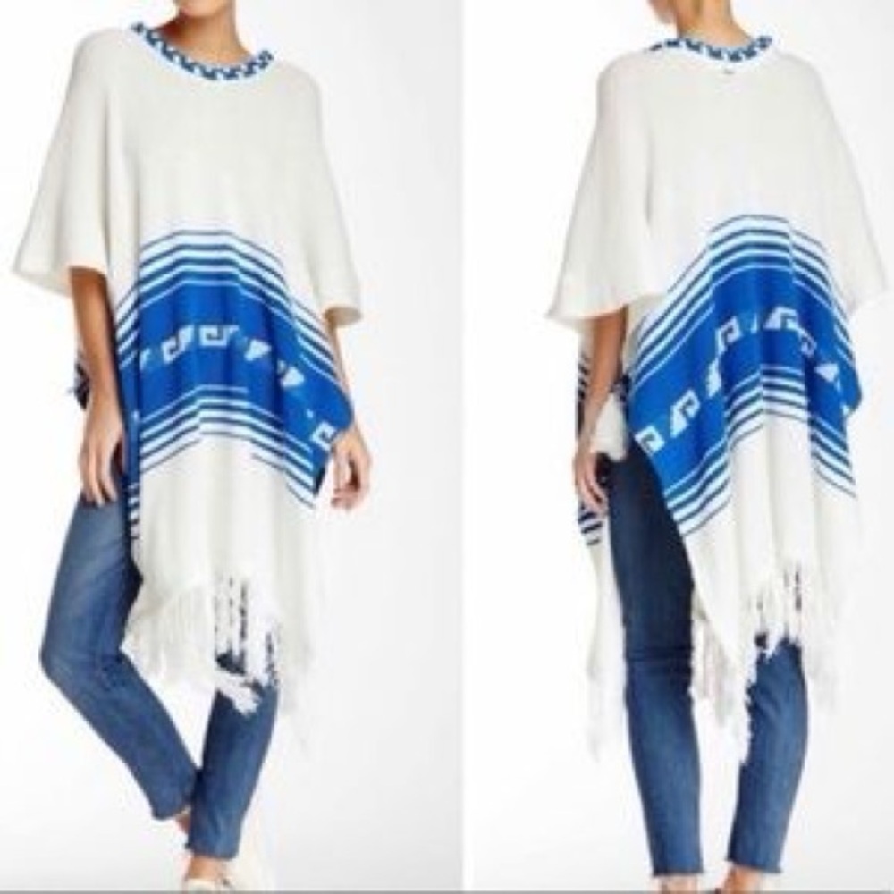 060- Wildfox Frida Traveler Fringe Oversized Blue White Sweater Poncho Size Smal